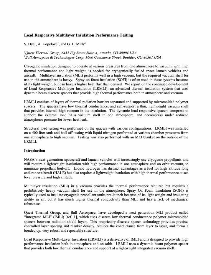 Load Responsive Multilayer Insulation Performance Testing – 2013
