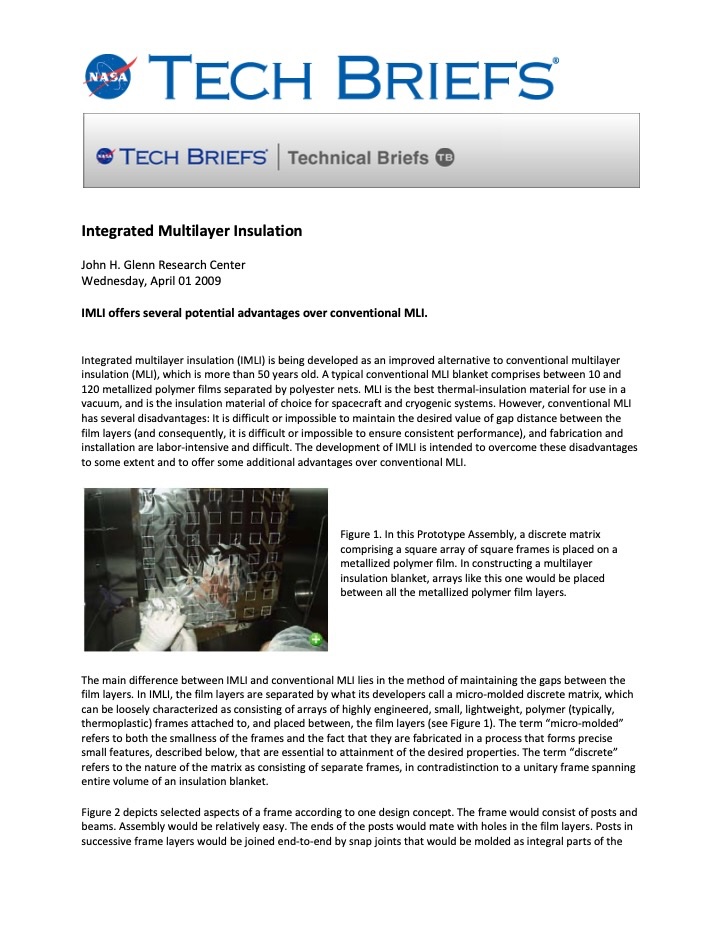 NASA Tech Brief – Integrated Multilayer Insulation – 2009